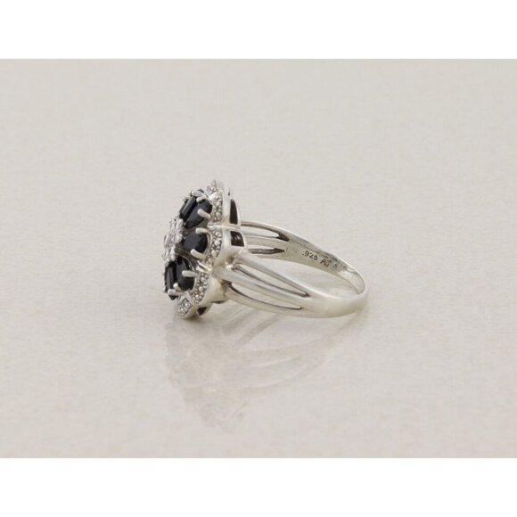 Sterling Silver Blue Cubic Zirconia and Natural Diamond Flower Ring Size 9 1/2 - Picture 6 of 7